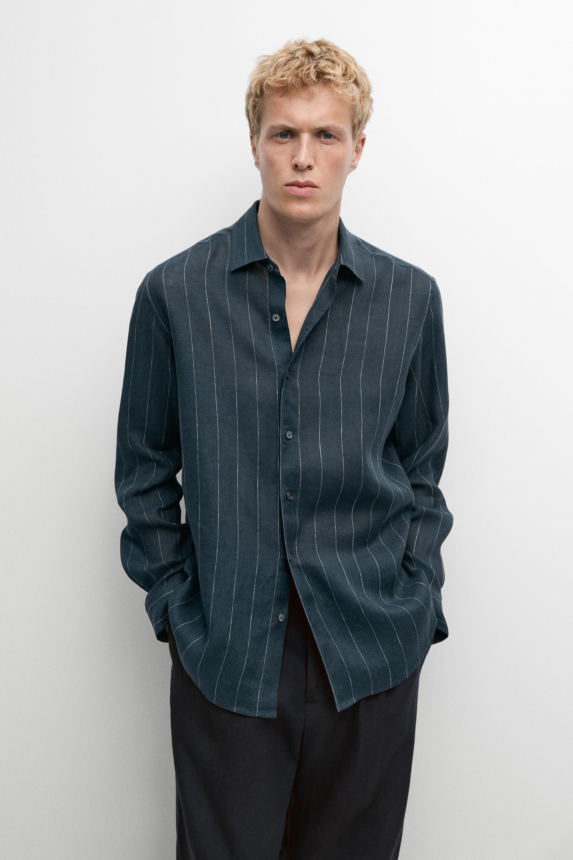 Chemise regular fit à rayures 100 % lin
